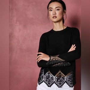 Ted Baker Merino Wool Navy Cashmere Blend Aylex Lace Trim Crewneck Sweater